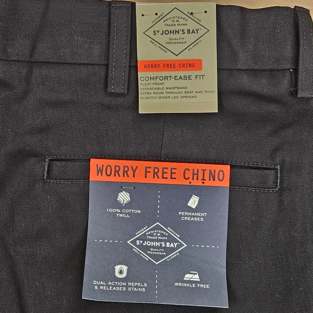 St. John's Bay Worry Free Chino Mens 38x36‎ Black Pleated Comfort Ease Fit NEW